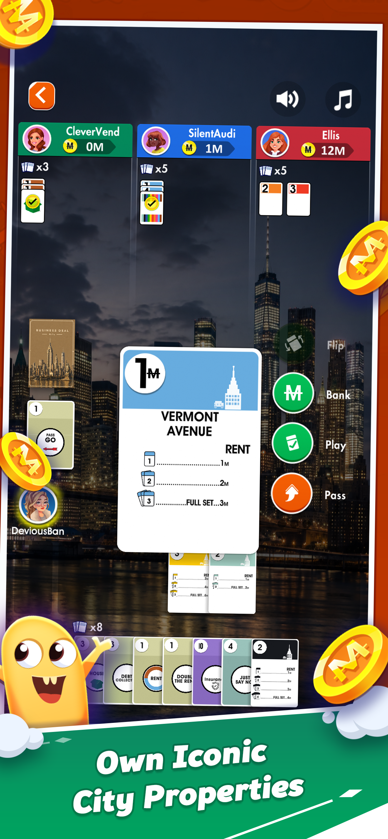 Business Deal gameplay showing property cards and city-themed play